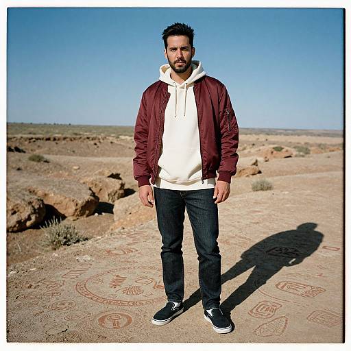Photograph of a bearded man with dark hair, wearing a maroon jacket, white hoodie, black jeans, and black sneakers, standing on a