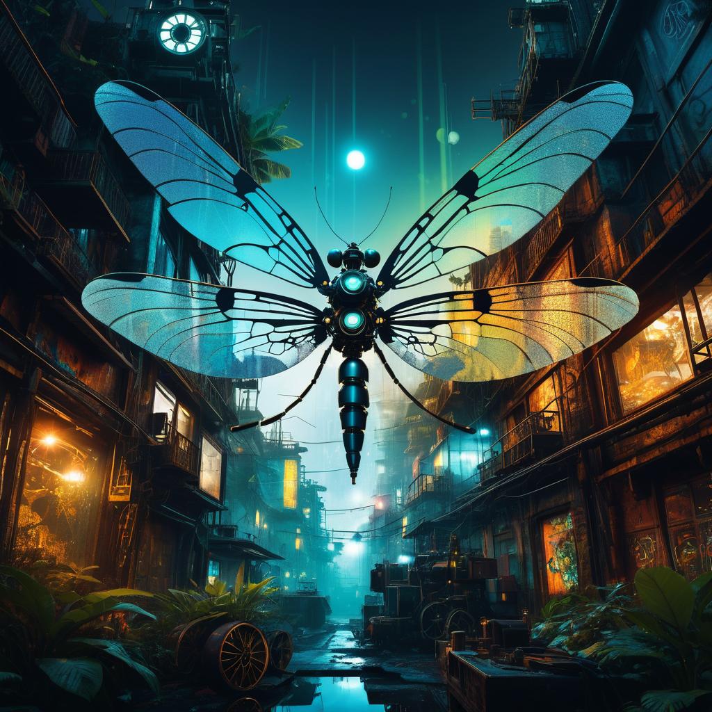 Robotic Dragonfly in Steampunk Jungle