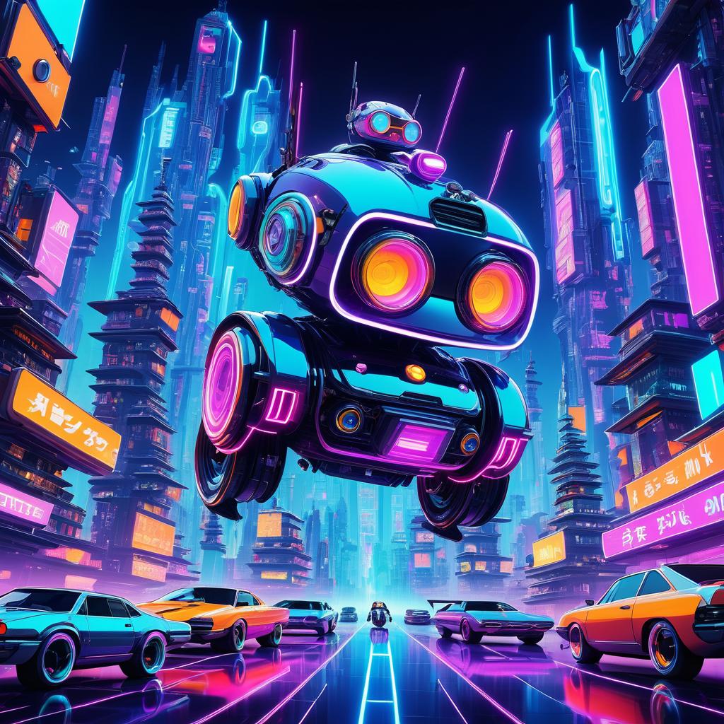 Vibrant Robot in Neon Cityscape