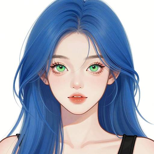 Digital anime-style portrait of a fair-skinned woman with striking blue hair, green eyes, and pink lips, wearing a black top. White background.