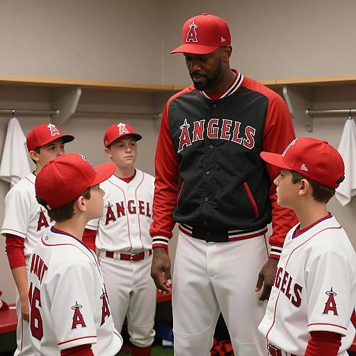 Baseball Coach with Young Players in Locker Room