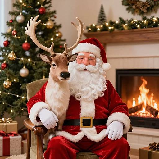 Santa Claus by Fireplace with Reindeer