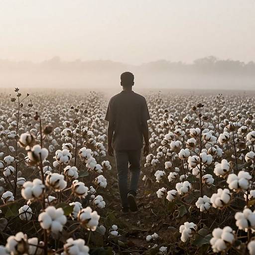 Photograph of a man in a dark shirt and jeans walking through a vast, misty cotton field at sunrise.