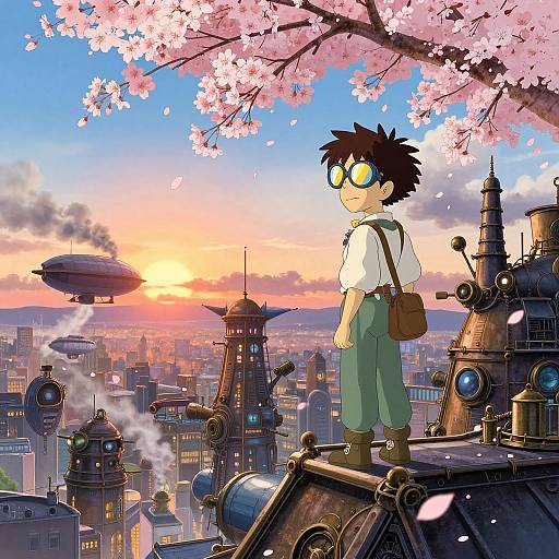 Anime-style illustration: A young boy with spiky black hair, green pants, white shirt, and goggles stands on a steampunk city rooftop,
