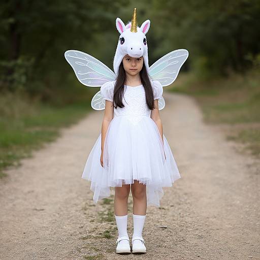 Photograph of a young Asian girl in a white tulle dress, unicorn helmet with horn, and translucent fairy wings, standing on a gravel path in