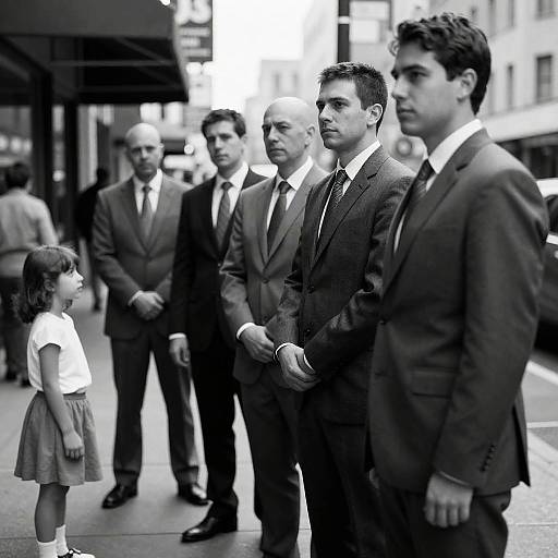Urban Black-and-White Portrait of Men and Girl