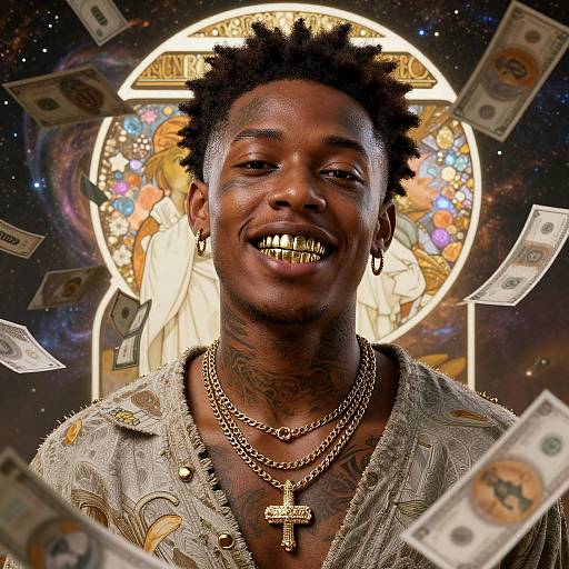 Photograph of a smiling African-American man with short, curly hair, gold teeth, tattoos, and multiple gold chains, surrounded by flying dollar bills,