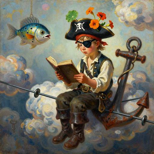 Surreal Pirate Boy Reading Above Clouds