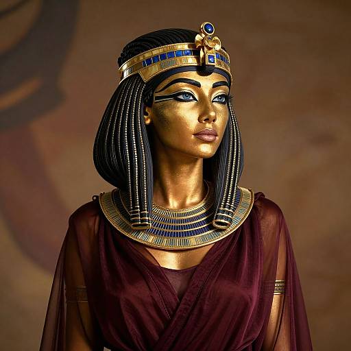 Photograph of an Egyptian-inspired woman with golden skin, black braided hair, blue and gold headdress, and dark maroon robe, set against