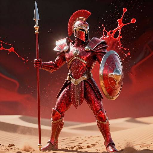 Digital artwork of a fierce, red-armored Roman soldier with a spear and shield, splattered with blood, standing in a desert.