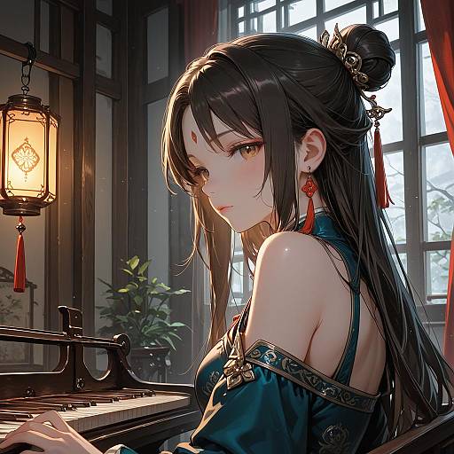 Lantern-lit Maiden at Window with Instrument