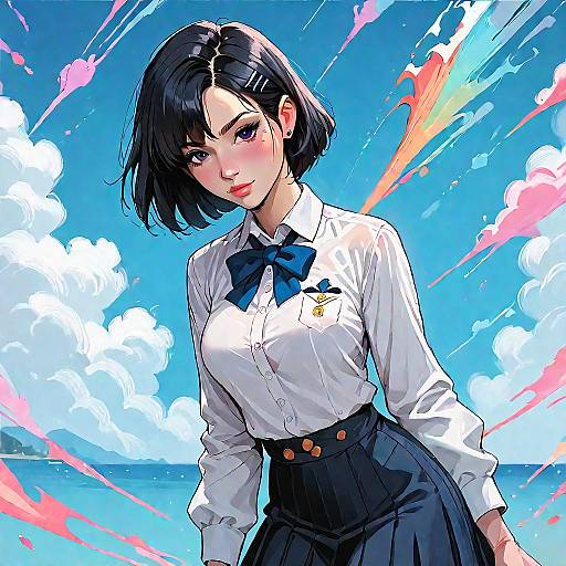 Anime Girl in School Uniform by the Sea