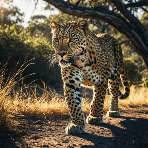 Sleek Leopard Walking in Sun-Dappled Savannah
