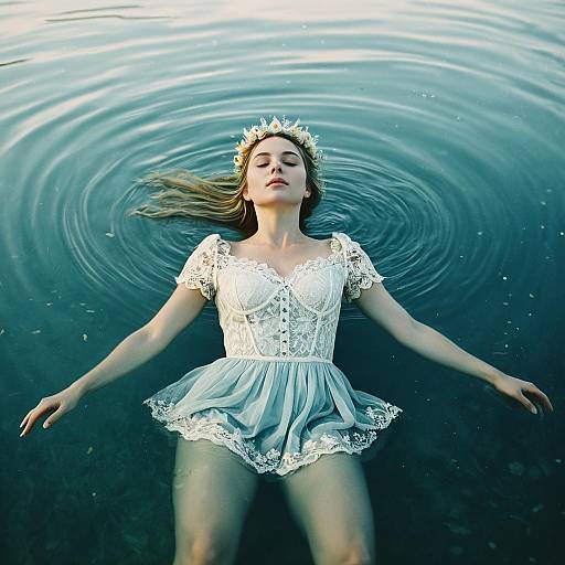 Woman in Lace Dress Floating in Water