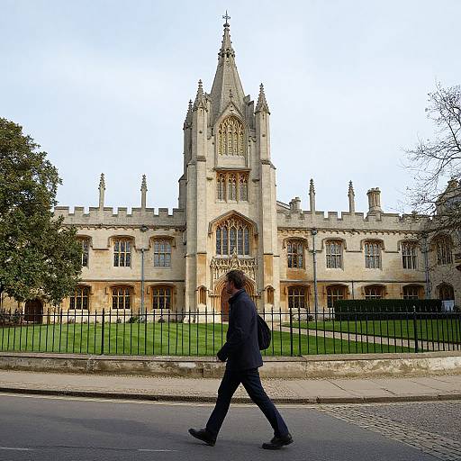 Photograph of a Gothic-style university building with pointed arches and spires, seen from the front. A person in a black coat walks in the