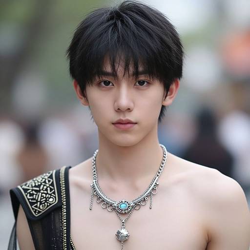 Photograph of an East Asian male model with short black hair, fair skin, wearing a black embroidered shoulder strap and ornate silver necklace, standing in
