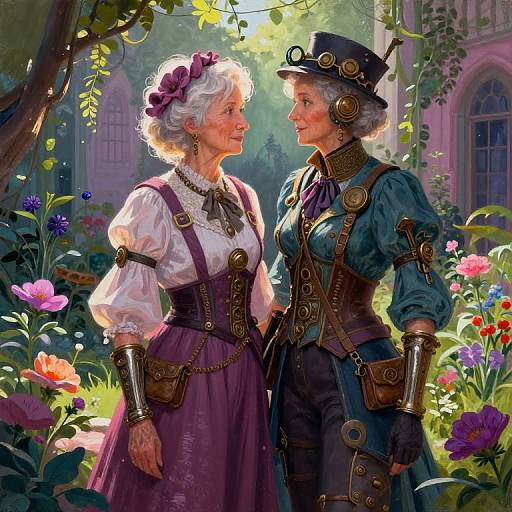 Digital painting of two elderly women in Victorian steampunk attire, smiling in a sunlit garden with colorful flowers and a historic building background.