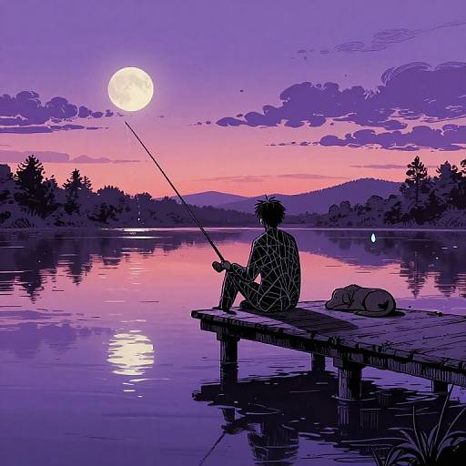 Silhouetted fisherman on dock, fishing at sunset, purple and pink sky, full moon, calm lake, backpack and rod on dock,