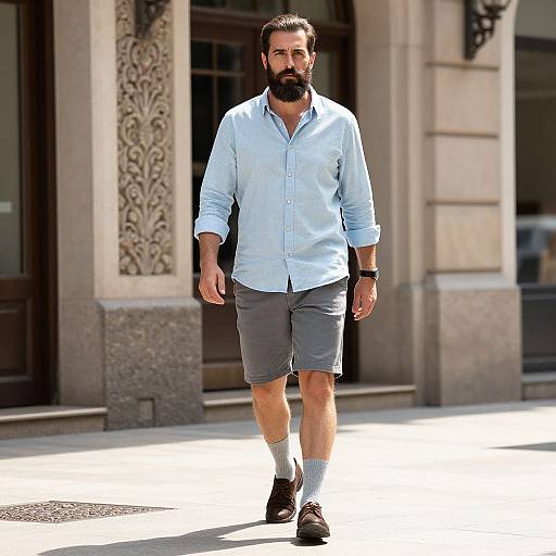Photograph of a bearded man with a black beard, light blue shirt, gray shorts, white socks, and brown shoes, walking on a sun