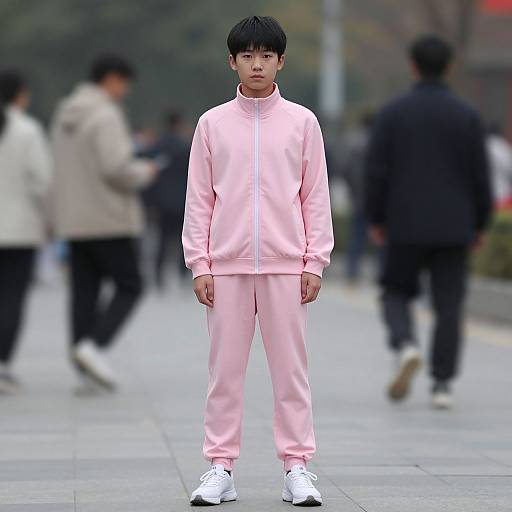 Photograph of a young Asian man in pastel pink tracksuit and white sneakers, standing on a city sidewalk with blurred pedestrians in the background.