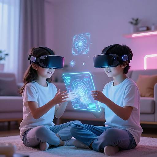 Photograph of two smiling girls wearing VR headsets, sitting cross-legged on a carpet, holding glowing holographic interfaces in a modern living room with pink