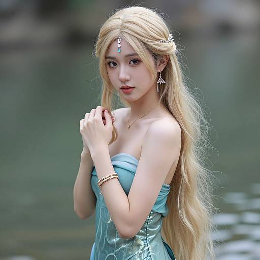 Digital artwork of a beautiful Asian woman with long blonde hair, wearing a strapless blue dress, adorned with jewelry, standing by a blurred water background.