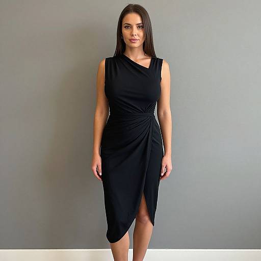 Photograph of a young woman with long dark hair, wearing a sleeveless, asymmetrical black dress with a thigh-high slit, standing against a plain