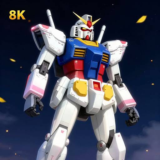 CGI image of a vibrant, white, red, and blue Gundam-style mecha robot with yellow chest and blue torso, standing against a night sky