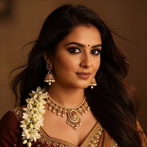 Photograph of an Indian woman with long dark hair, brown eyes, gold jewelry, forehead bindi, and floral garland, wearing a traditional brown