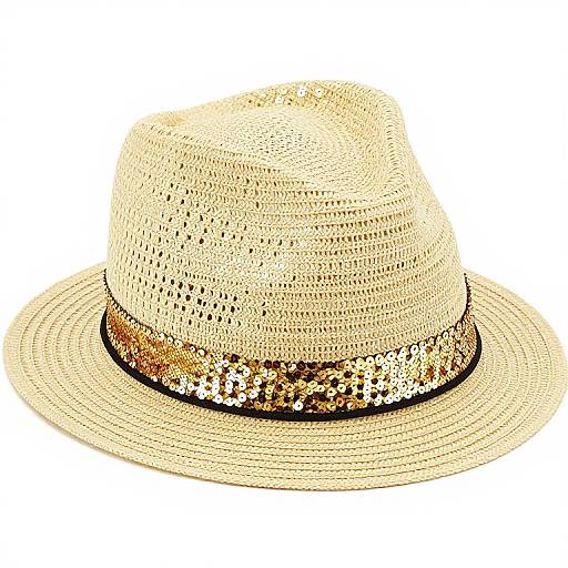 Photograph of a cream-colored, woven straw hat with a sequined brown band against a white background.