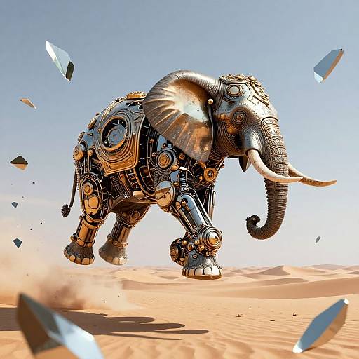 CGI image of a cybernetic elephant with metallic gears and golden accents, walking in a desert with shattered blue and gray fragments flying around.