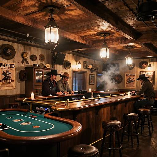 Photograph of a rustic, dimly-lit Western-style poker bar with three men in cowboy hats, playing poker, smoke rising from cigar, 