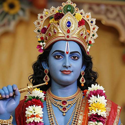 Photograph of a blue-painted Hindu deity with a golden crown, red and gold jewelry, holding a flute, adorned with flower garlands.