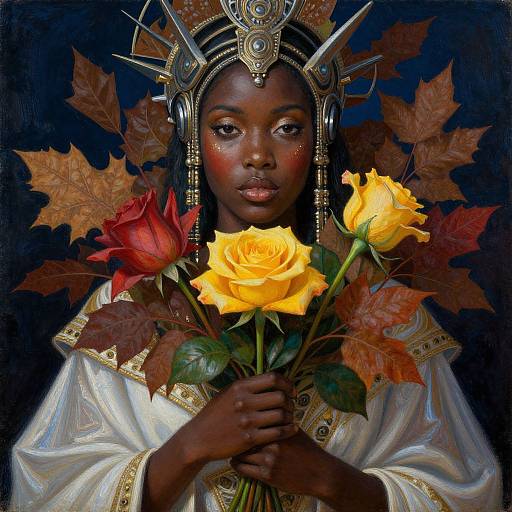 Digital painting of a dark-skinned woman with golden headdress, holding yellow roses, red rose, and autumn leaves against a dark background.