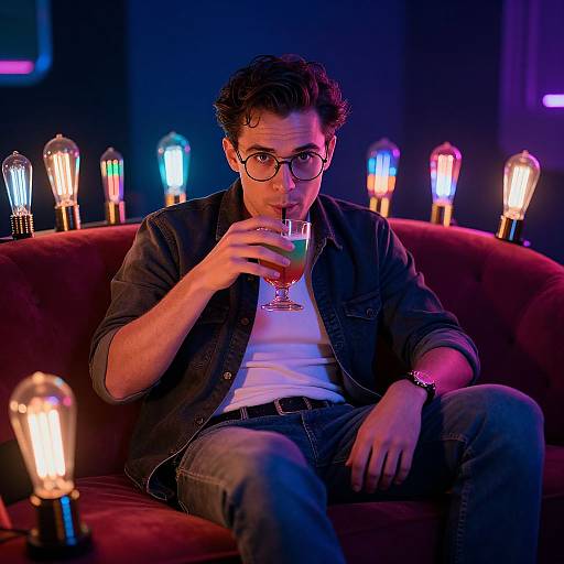 Photograph of a man with curly brown hair, glasses, and denim jacket, sipping a drink on a red velvet couch, surrounded by colorful light