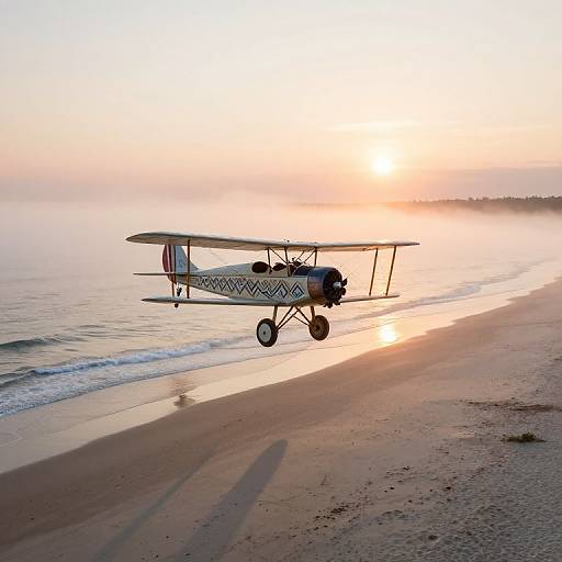 Photograph of a vintage biplane flying low over a serene beach at sunset, with gentle waves and a golden sky.