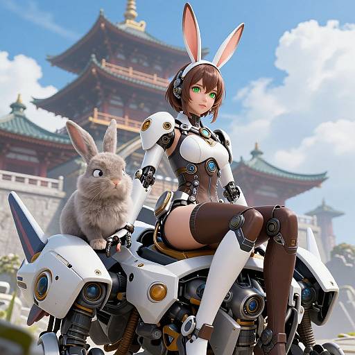 Digital art of a cybernetic bunny girl with green eyes, brown bob hair, white and black armor, sitting on a futuristic motorcycle with a gray