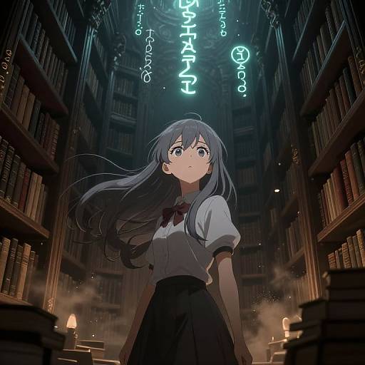 Anime-style digital illustration of a blue-haired girl in a white blouse and black skirt, standing in a dimly lit, smoke-filled library with glowing Japanese