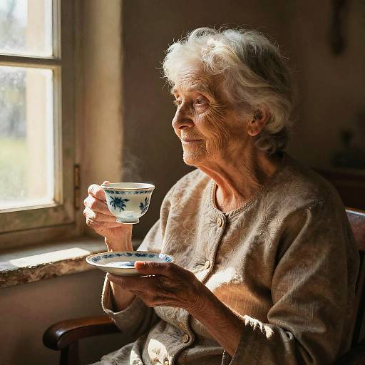 Photograph of an elderly woman with white, curly hair, wearing a brown, textured sweater, sitting by a sunlit window, holding a steaming