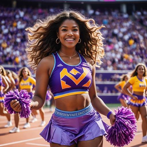 Cheerleader with Pom-Poms in Purple Outfit