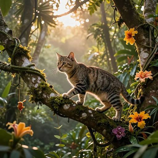 Photograph of a tabby cat with striped fur, standing on a moss-covered tree branch in a sunlit, lush forest, surrounded by vibrant orange