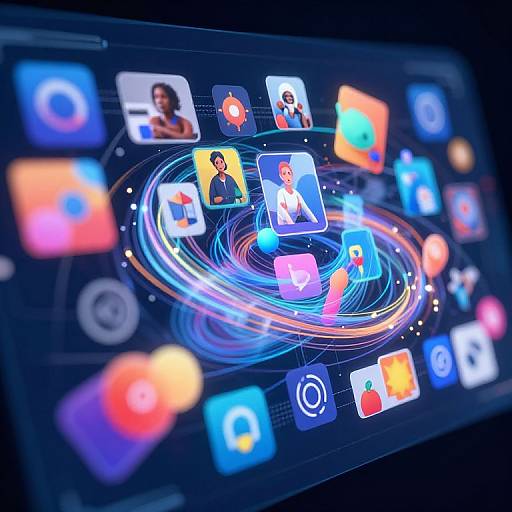 Digital illustration of a tablet screen displaying colorful app icons with swirling blue and orange light trails in space-like background.