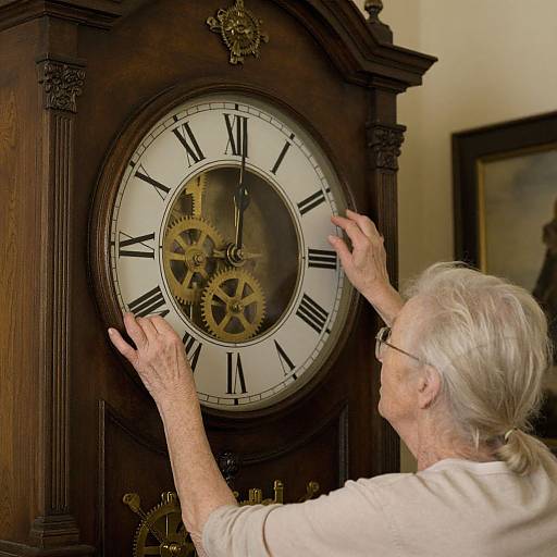 Elderly woman with white hair, glasses, and beige sweater, adjusting intricate wooden clock with visible gears, in warmly lit room.
