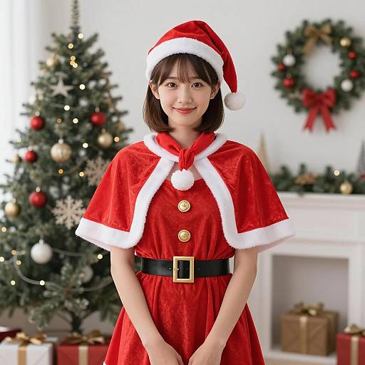 Woman in Red Santa Costume with Christmas Decor