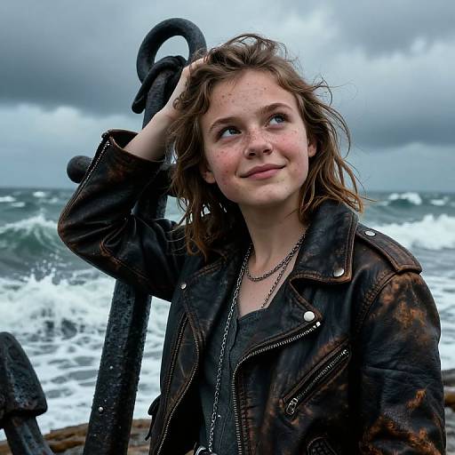 Photograph of a young girl with freckles, tousled brown hair, and a leather jacket, standing by a rusty anchor by the ocean,