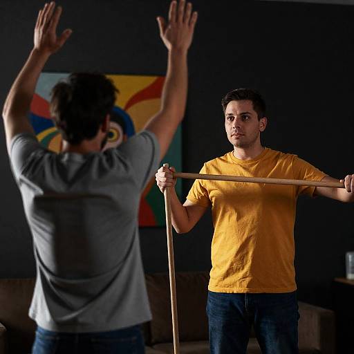 Man Holding Broom Confronting Another Man