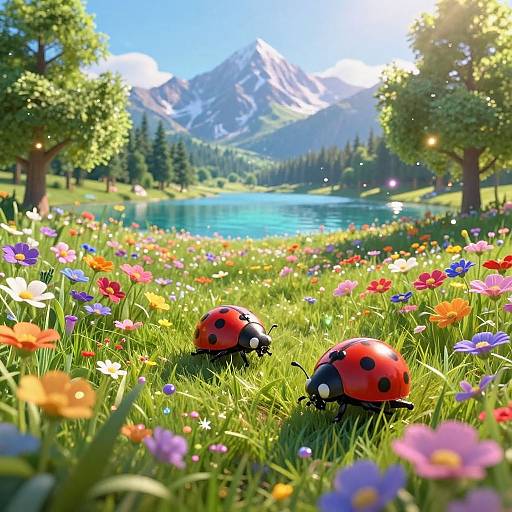 Photograph of two vibrant red ladybugs with black spots in a colorful meadow, surrounded by blooming flowers and a serene lake with mountain backdrop under