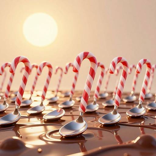 Photograph of red and white striped candy canes with silver bases, arranged in a row on a glossy, chocolate-covered surface at sunset.