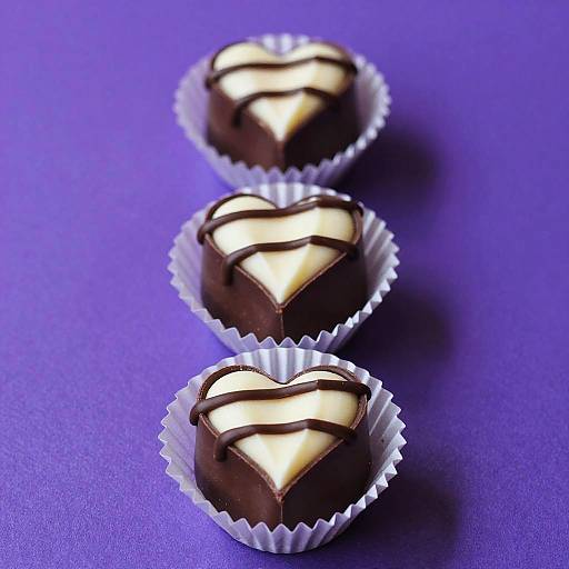 Photograph of three heart-shaped chocolate truffles with glossy gold centers and dark chocolate drizzle, in white fluted cups, on a vibrant purple background