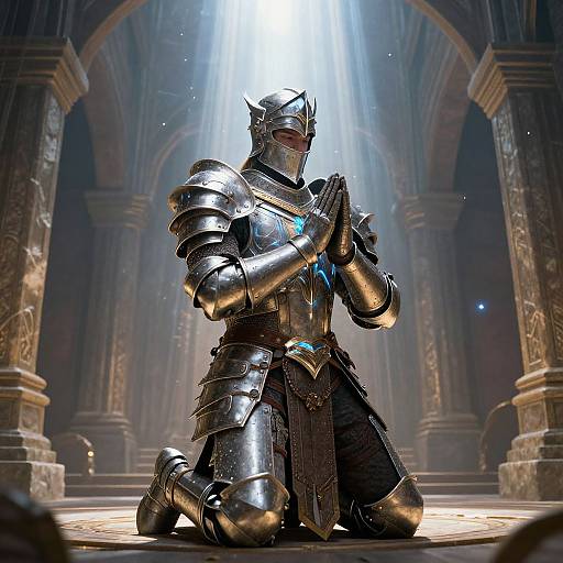 Photorealistic CGI of a silver-armored knight kneeling in a sunlit, grand cathedral, hands clasped in prayer, with glowing blue accents.